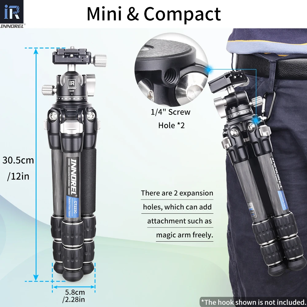 INNOREL 부하 10kg CT223C 미니 탁상용 삼각대 디지털 DSLR, DV 비디오, 휴대폰용 10층 탄소 섬유 소형 데스크탑 삼각대