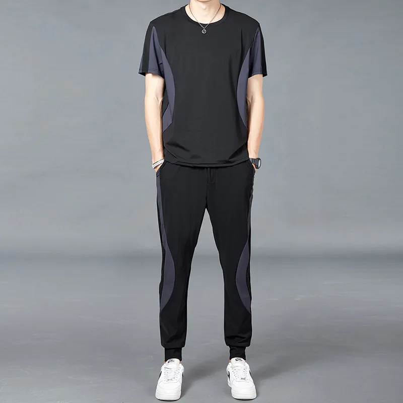 

2022 Sports Suit Men's Summer Running Quick-drying Short-sleeve T-shirt Ice Silk Training Fitness Clothes Sweatpants Outfit Set
