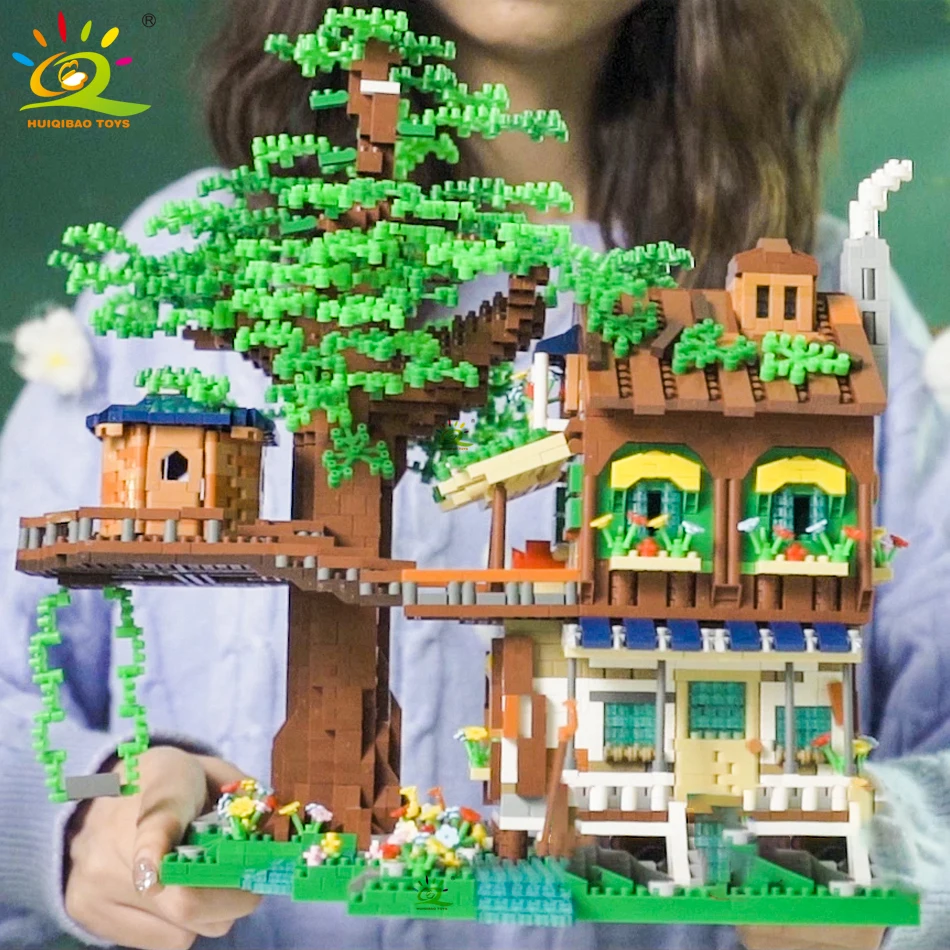 

HUIQIBAO Elves Green Tree House Mini Building Blocks MOC Micro Bricks Toys for Children Friends BOY DIY City Street View Model