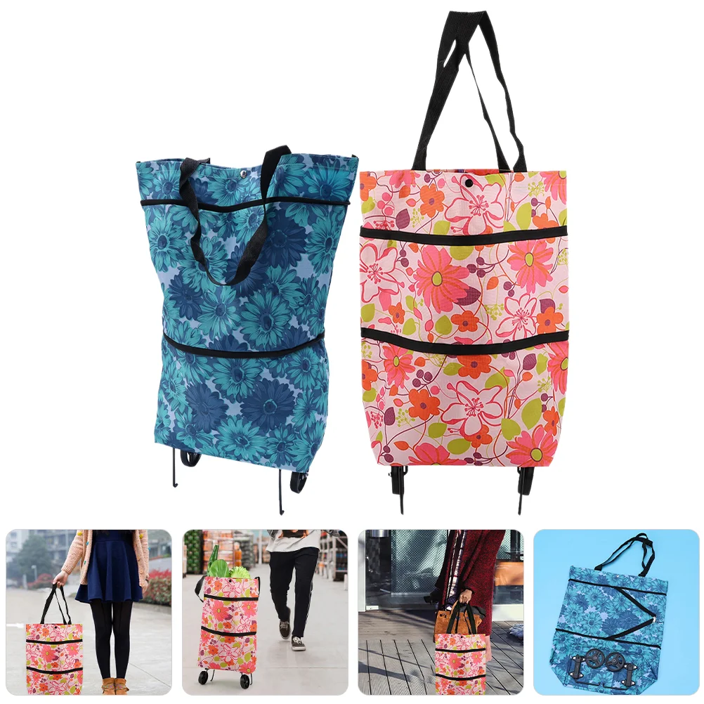

2pcs Collapsible Trolley Bags Shopping Storage Bag Reusable Shopping Bag with Wheels