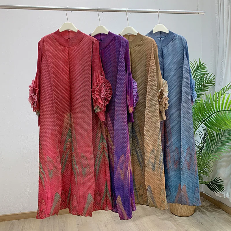 LANMREM Red Pleated Hand-Cranked Floral Print Women's Long Dress Long Sleeve Elegant Temperament Elastic Loose Dresses 2DB4509 - Image 6