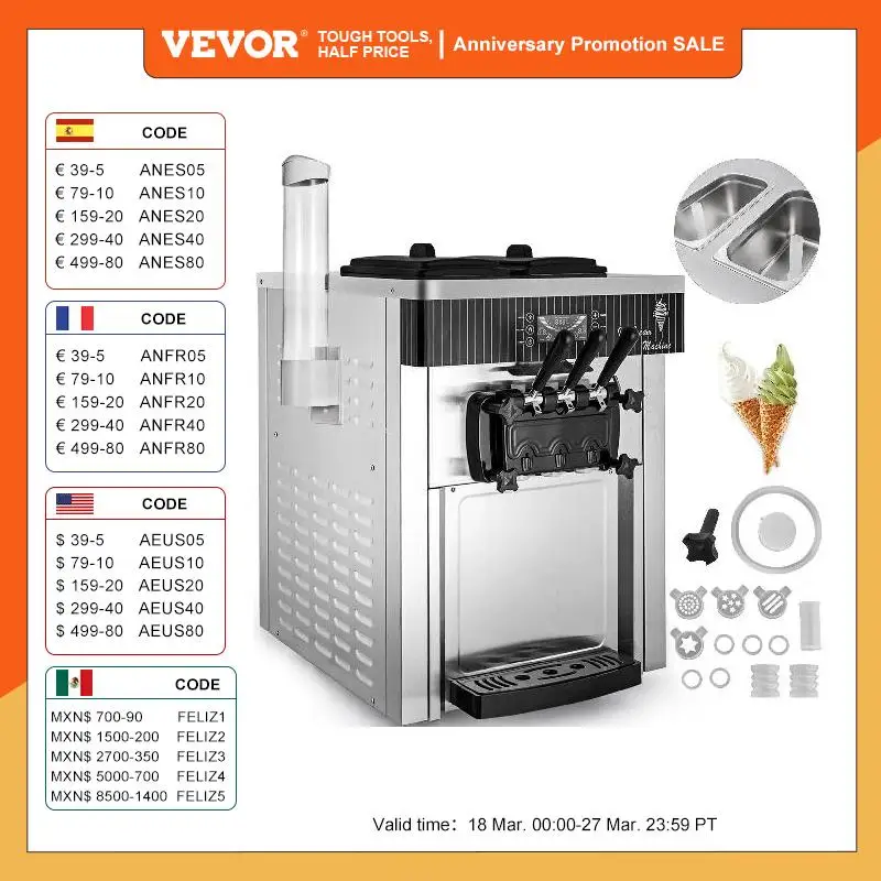 

VEVOR 18-28L/H Soft Ice Cream Machines Commercial Sorbet Coolers Tricolor Desktop Sweet Cone Freezing Equipment Vending Machine