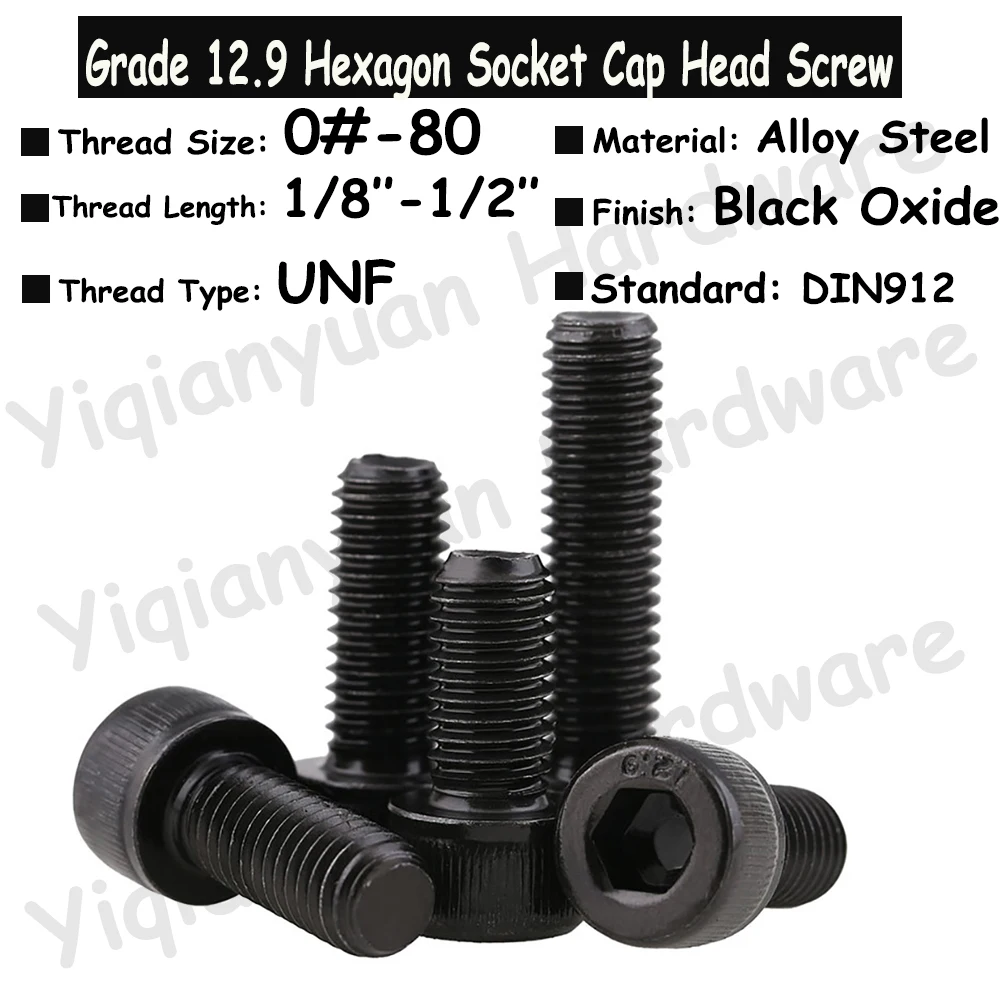 

50Pcs UNF 0#-80 DIN912 Grade 12.9 Screws Alloy Steel Hexagon Socket Knurled Cap Head Bolts Allen Key Screws Length 1/8''-1/2''