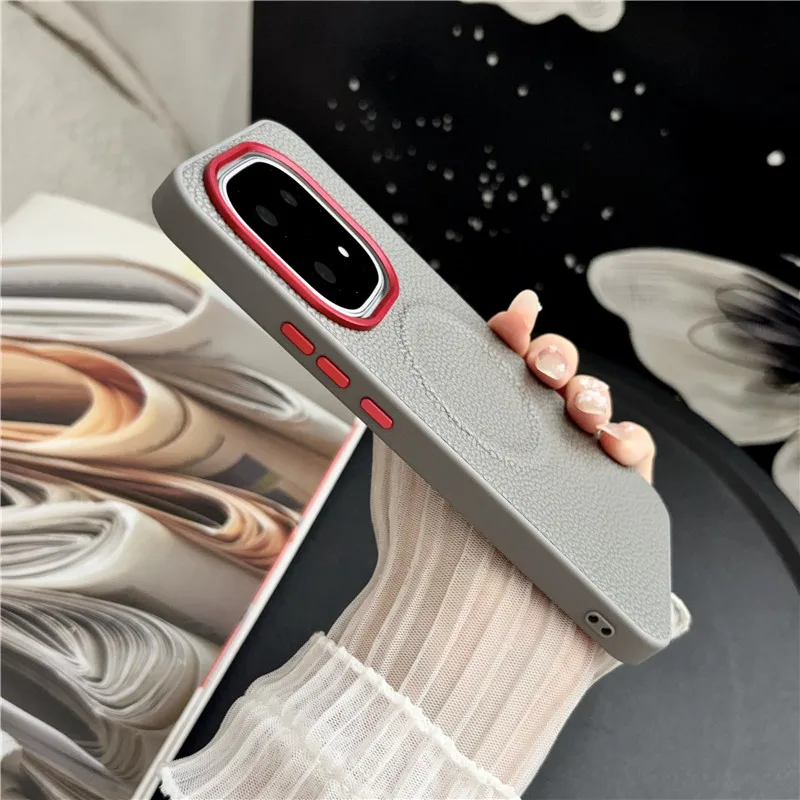 Luxury Magnetic Lychee Pattern PU Leather Non-Slip Case with Metal Camera Frame