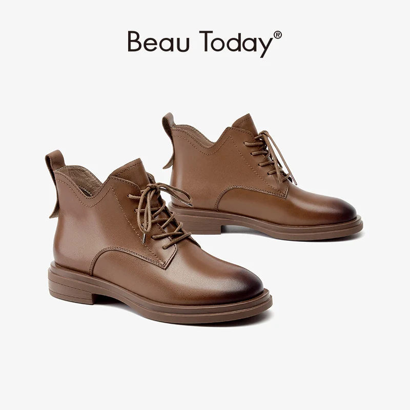 

BeauToday Leather Ankle Boots Women Genuine Calfskin Waxing Round Toe Lace-Up Fashion Motorcycle Female Shoes Handmade 05014