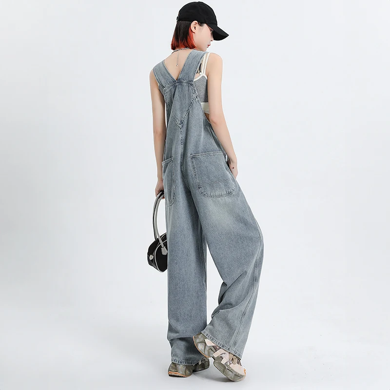 Light Blue Baggy Overalls Jeans For Women 2024 Fashion Clothing Washed Full Length Denim Jumpsuit Trousers Wide Leg Pants Female