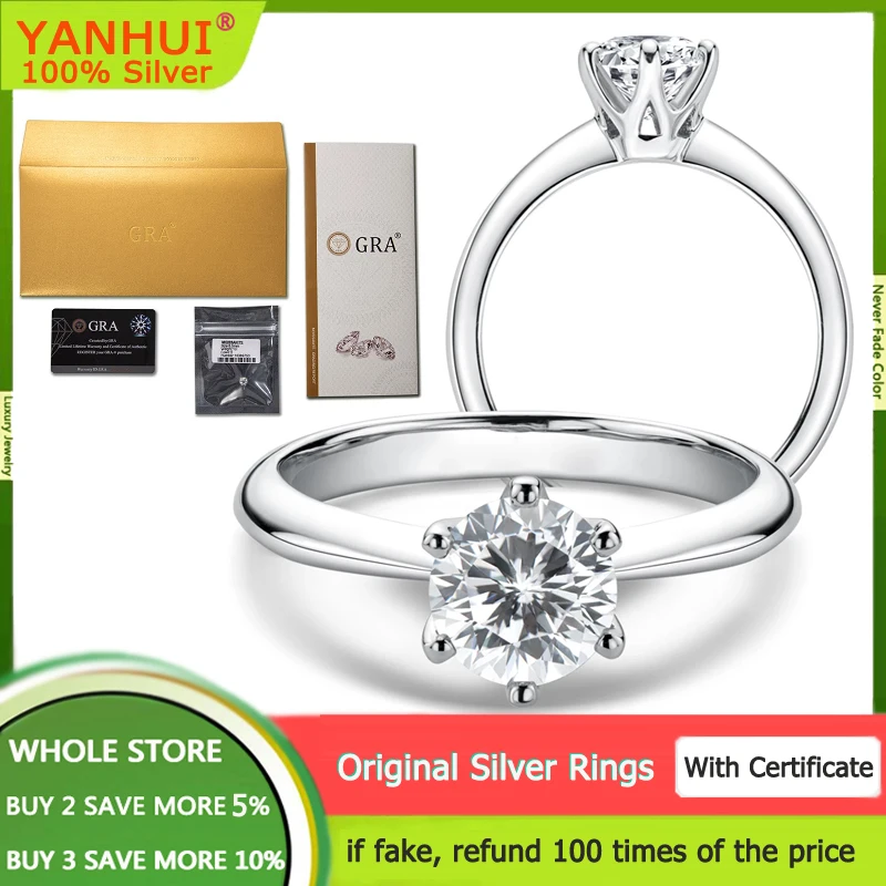 

YHAMNI Real 1 Carat D Color Moissanite Wedding Rings For Women Top Quality 18K White Gold Color 100% 925 Sterling Silver Jewelry