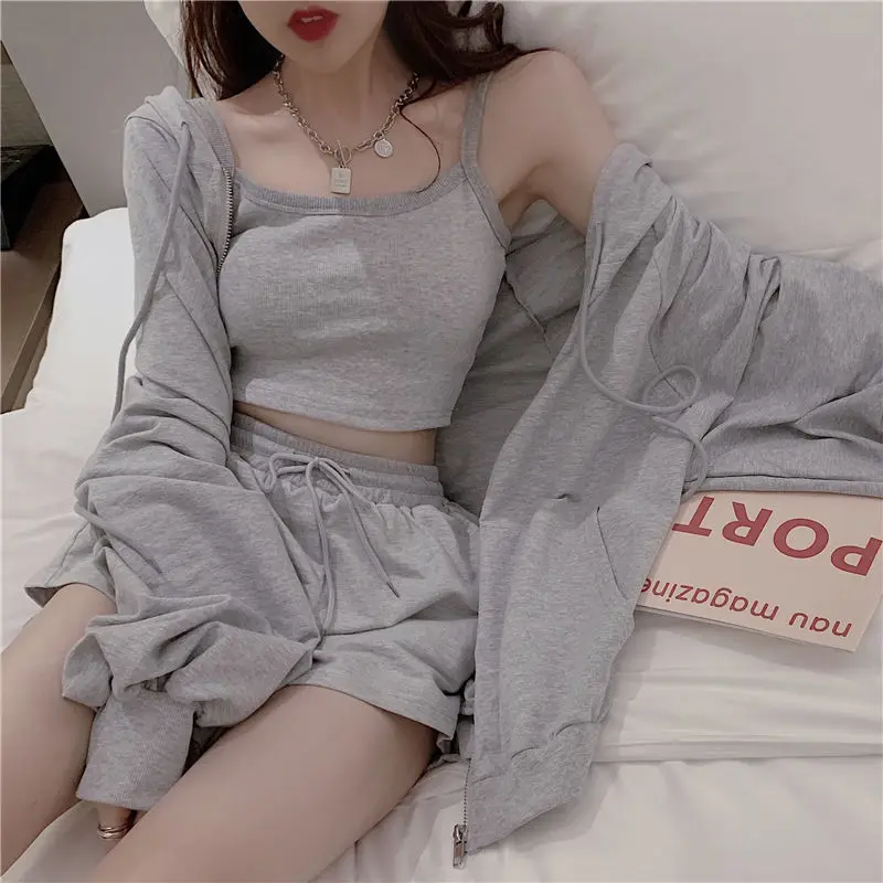 Loungewear Women 3 Pieces Summer Sleepwear Ensembles De Pyjama Nightgown Suits with Shorts Home Wear Roomware