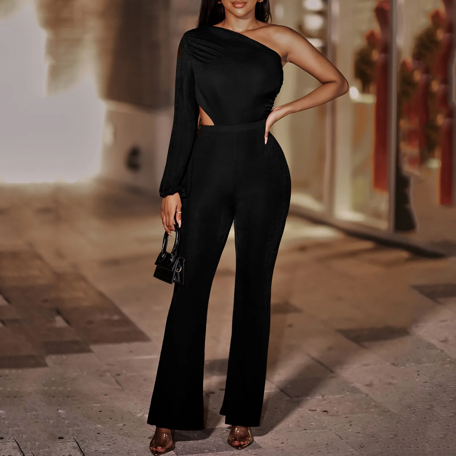

Spring And Autumn Solid Color Women's Jumpsuit Fashion Long Sleeve Long One Shoulder Hollow Out Waist Wide Leg Pants Overalls 4