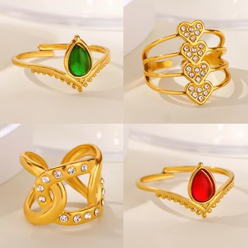 Retro Green Opal Water Drop Rings for Women Stainless Steel Gold Color Geometric Heart Ring Aesthetic Wedding Waterproof Jewelry