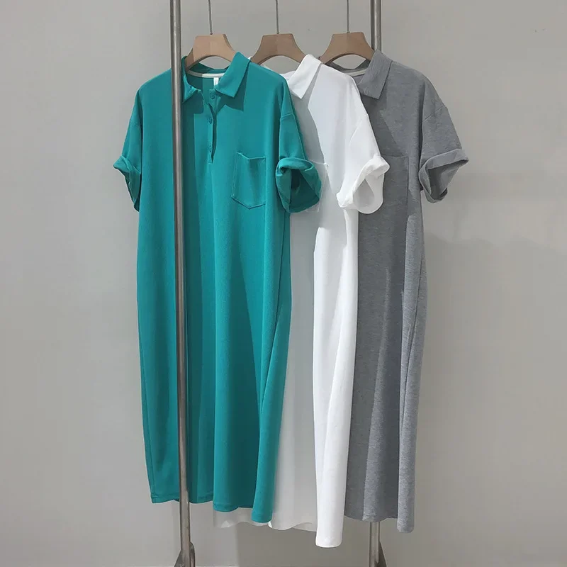 

Women's Short Sleeve Polo Dress, Clothes for Lady, Monochromatic, Casual, Loose, Long Tshirt, New, Summer, 2024