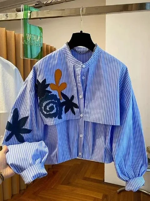 Chemisiers amples et polyvalents à la mode, chemises à col rond brodé à manches longues pour femmes, nouvelle collection printemps été 2026 1
