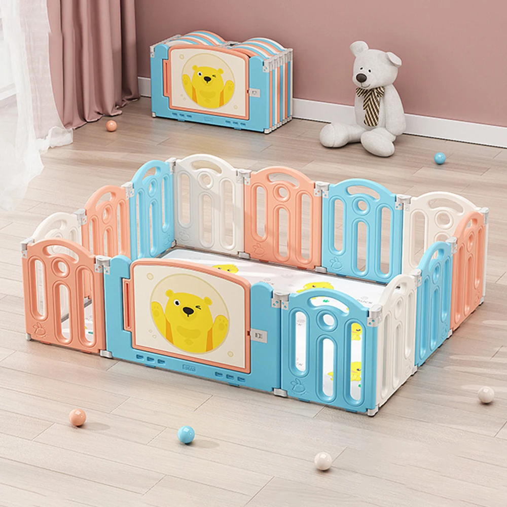 

47.2inch x62.9inch Bear Macaron Color Foldable Playpen, Baby Safety Play Yard With Fence Indoor Toys With Play mat 12panel and 1