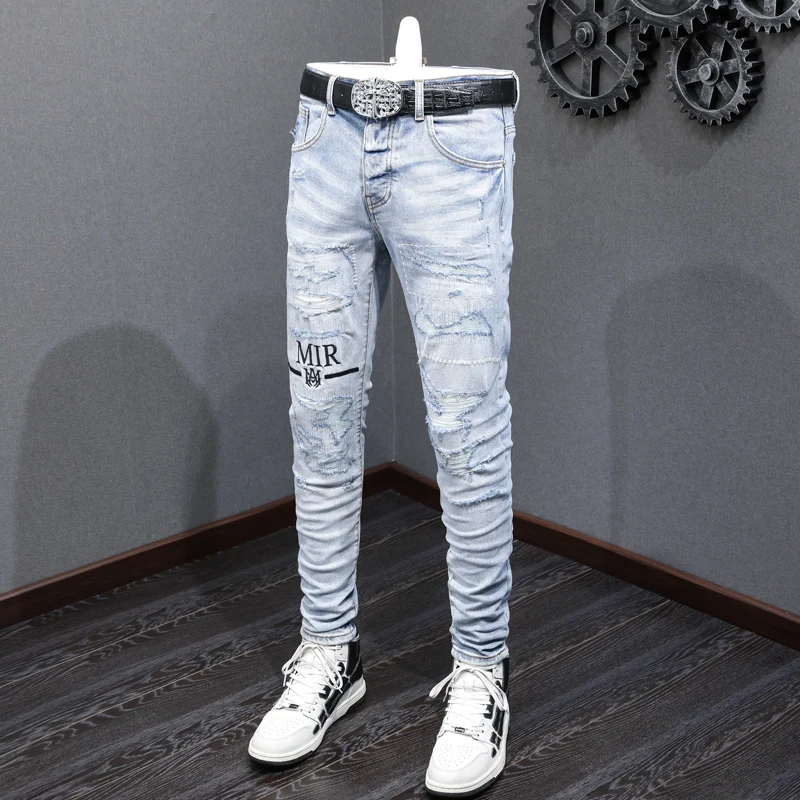 High Street Fashion New Light Jeans Elastic Slim Fit Retro Light Blue Jeans Designer Hip Hop Brand White Patch Panel Pants hombr