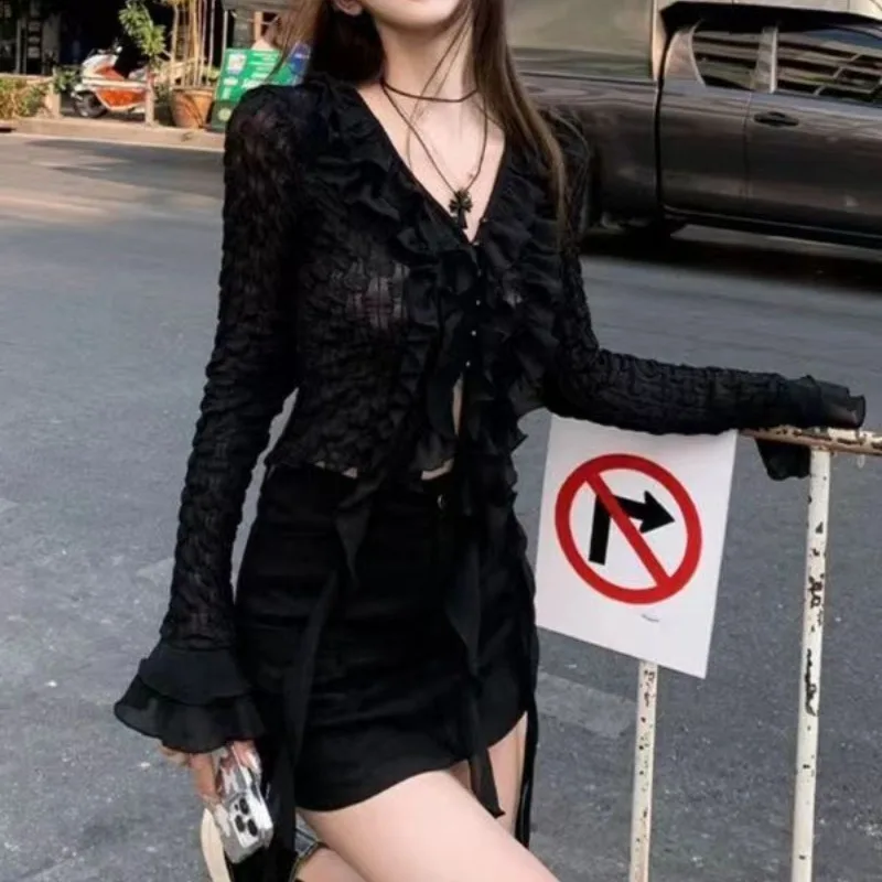 Bohemia Sexy Summer New Blouses Women's Irregular Chic Solid Ruffles Lace Patchwork V-neck Long Sleeve Button Crop Tops Shirts