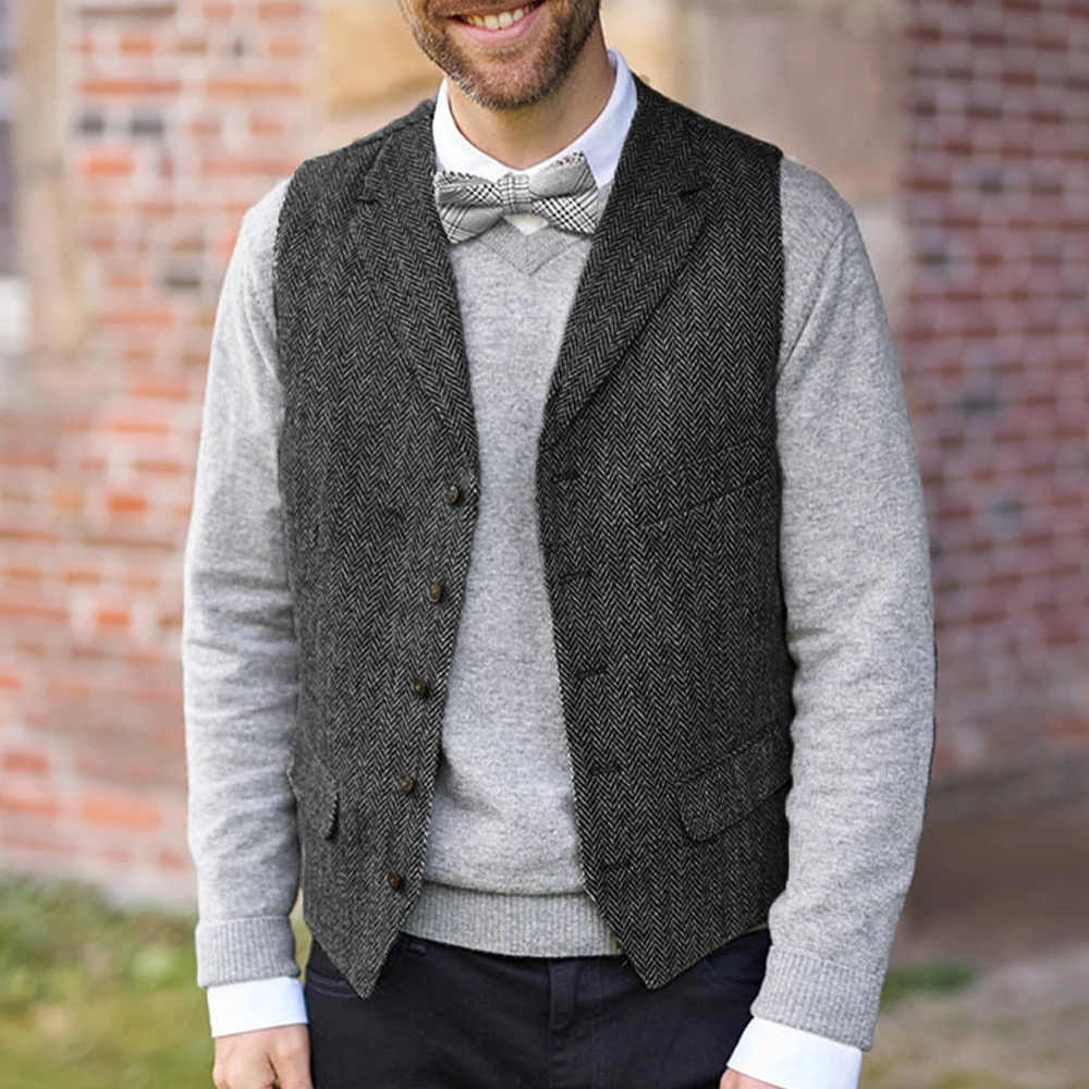Retro Men's Vest Suit Herringbone Tweed Vests Satin Back Dinner Party Single Breasted Sleeveless Waistcoat Male Dress Casual