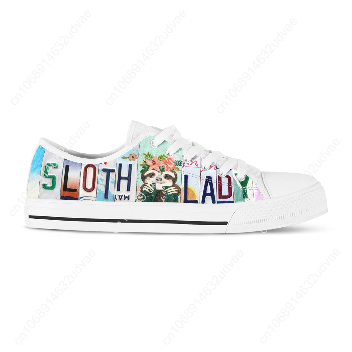 License Plate Sloth Lady Cute Women Canvas Shoes Low Top Vulcanized Sneakers Light Comfort Flats Plus Size 12 13