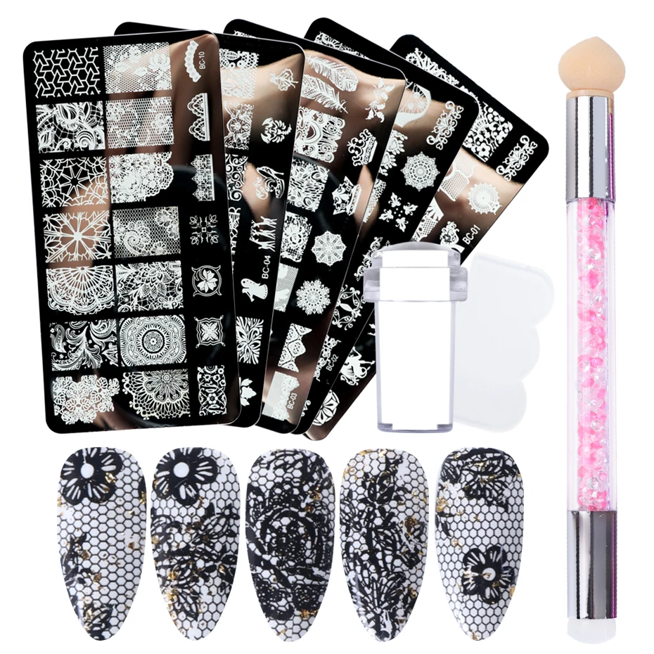4pcs Nail Art Stamping Plate Flower Lace Patterns Image Stencil Stamper Gradient Nail Brush Set Template Tools nail art tools