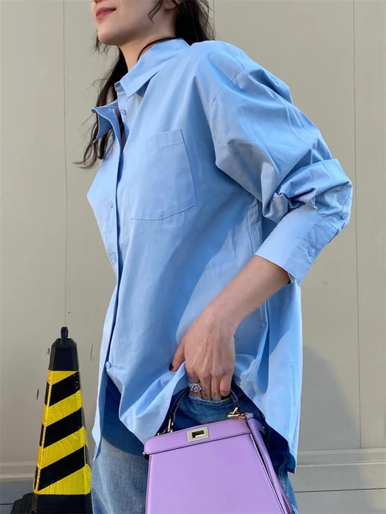 

Рубашка женская хлопковая свободного покроя, однобортная блузка с отложным воротником и длинным рукавом, топ с одним карманом, на раннюю осень