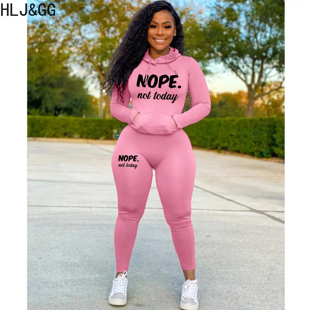 HLJ&GG Casual Letter Printing Hooded Two Piece Sets Women Round Neck Long Sleeve Top And Skinny Pants Tracksuits Female Outfits