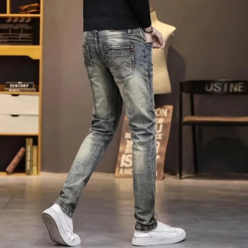 Fashion Autumn Winter Denim Men Do Old Retro 2022 Slim Elastic Brand Small Straight Long Pants Punk Distressed Streetwear Jeans
