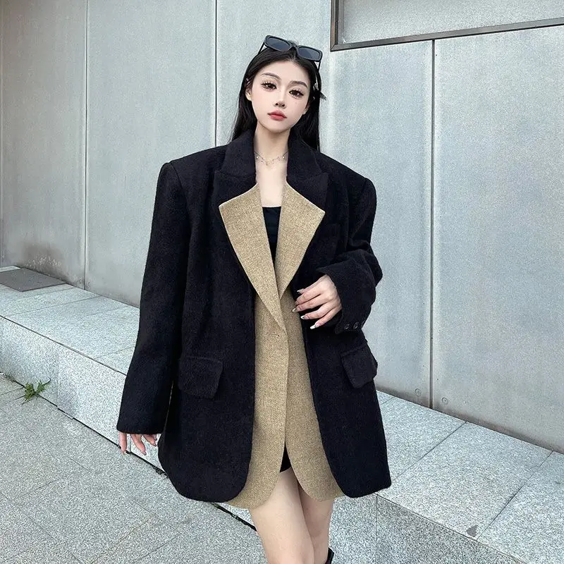 Woolen Women'S Trendy Black Thick Woolen Suit Jacket With Color-Block High-End Feel Loose Wool Coat Casual Blazer