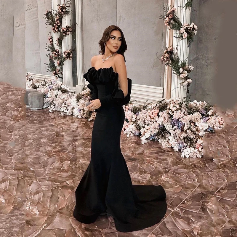 

Black Sexy Ruffles Strapless Satin Evening Dresses Mermaid Ruched Long Prom Dress Dubai 2023 Women Formal Party Gowns