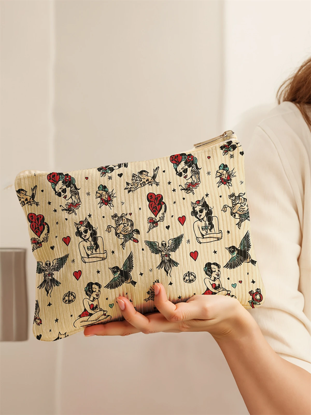 Women's Corduroy Travel Cosmetic Bag Portable Large Capacity Makeup Storage Organizer Zipper Clutch Purse Make up Bag