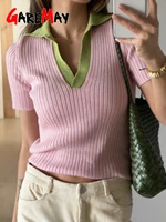 T-shirt élégant en tricot pour femme, jaune, manches courtes, style polo, 100% coton, haut d'été pour femme, Y2k, rose basique, t-shirt pour femme 3