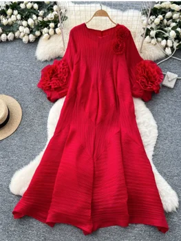 Miyake Hand-Cranked Embroidery Design Pleated Women's Dress V Collar Loose Elasti Casual Three Quarter Sleeve Clothing 1