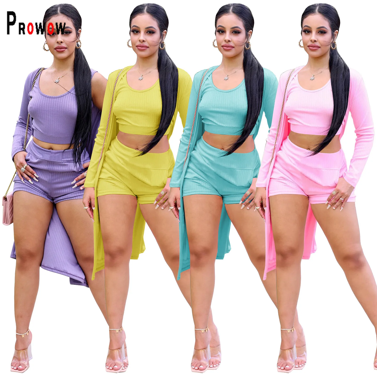 Prowow Solid Color Women Clothing Cropped Vest Cardigan Shorts Three Piece Knitted Suits 2023 New Ribbed Female Outfits