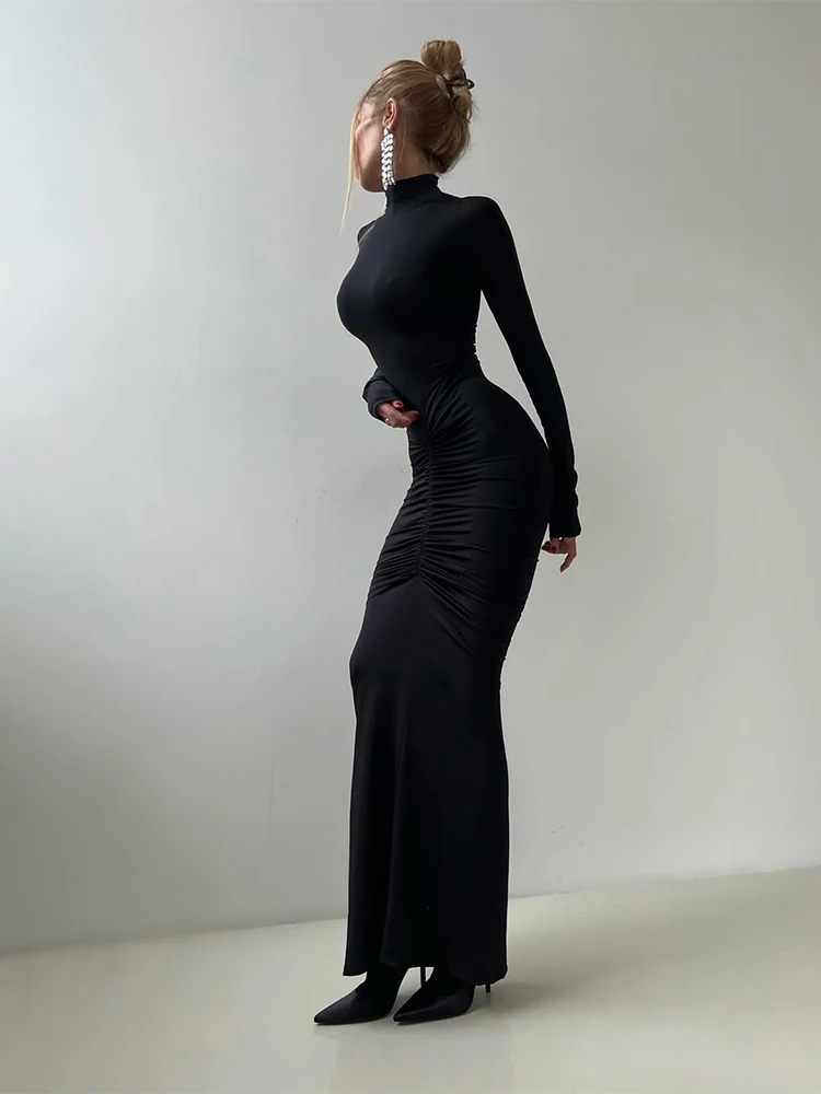 Nibber Folds Maxi Dress Women High Neck Long Sleeve Elasticity Solid Skinny Autumn New Trend Elegant Chic Comfortable Vestidos