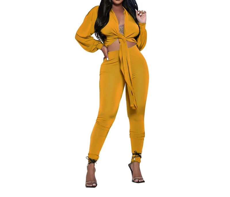 New Solid Color Cardigan Knot Long Sleeved Women's Two-piece Fashion Casual Leggings Suit Lady Sexy Pants Set Elegant Clothes