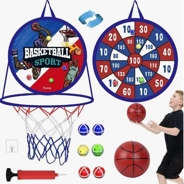 14 Inch 2-in-1 Dartboard and Basketball, Basketball Set Indoor Basketball Hoop, Sports Kids Outdoor Toy, 4