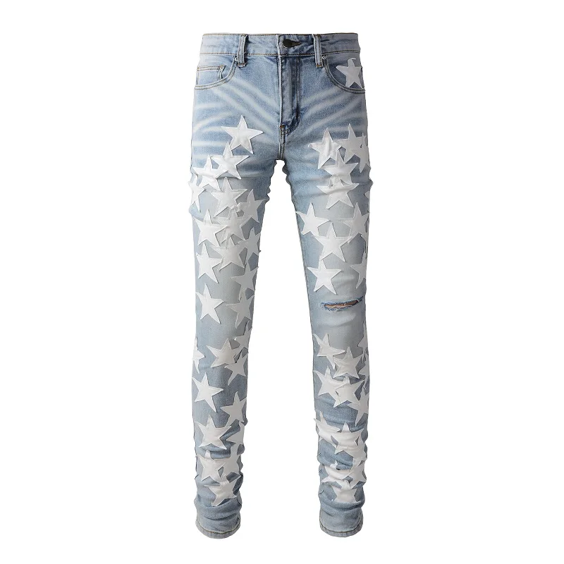 

A690 high street models fashion ripped holes cotton jeans splicing white pentagram stretch pants skinny pencil