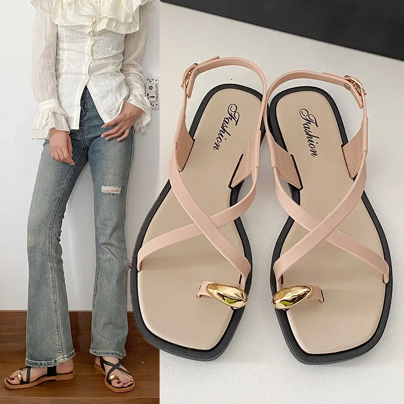 2024 New Women's Summer Outdoor Wear French Style Flat Bottom Sandals High Quality PVC Material Adults Roman Style Slippers