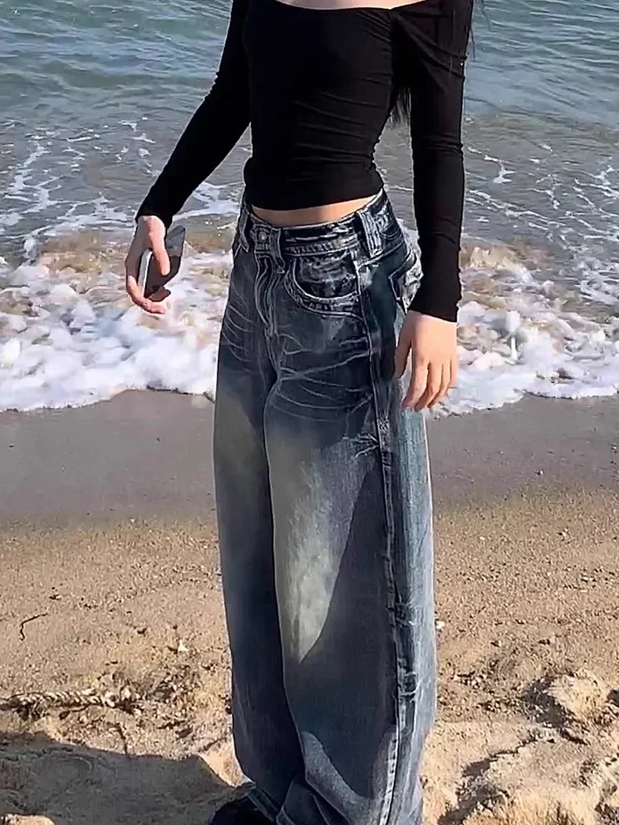 HOUZHOU Vintage Y2k Blue Jeans Women Baggy Washed Wide Leg Jeans Female Streetwear Harajuku Korean Fashion Denim Trousers Grunge 3