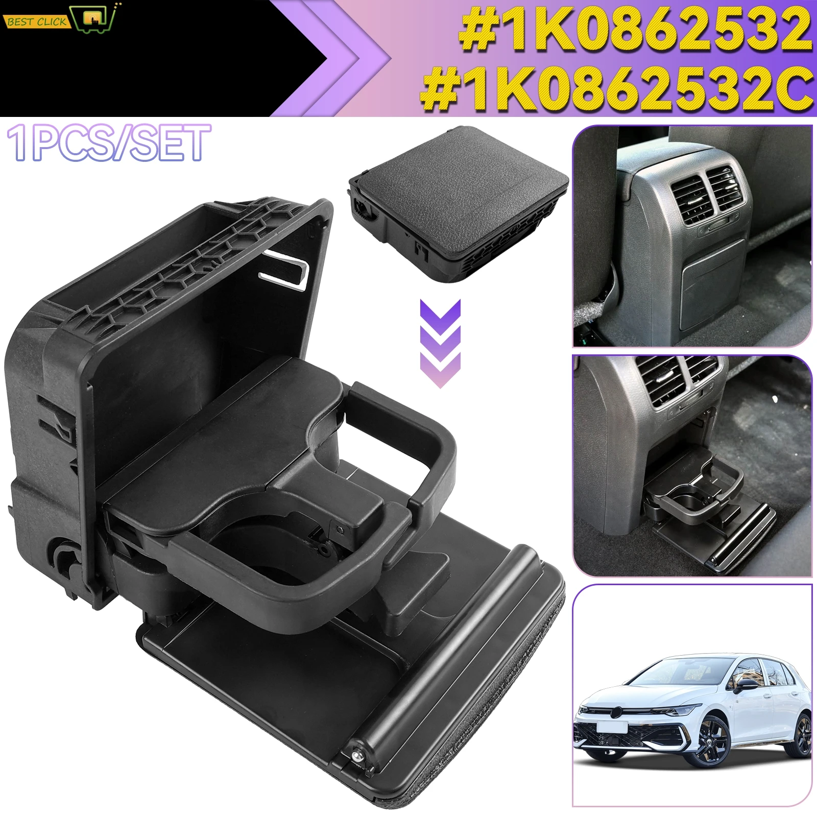 Portabicchieri per Console Centrale, Bracciolo Posteriore, Portabicchieri per Console Centrale Pieghevole per Bracciolo Posteriore Nero per Jetta Golf GTI MK5 MK6 EOS RABBIT 1K0862532
