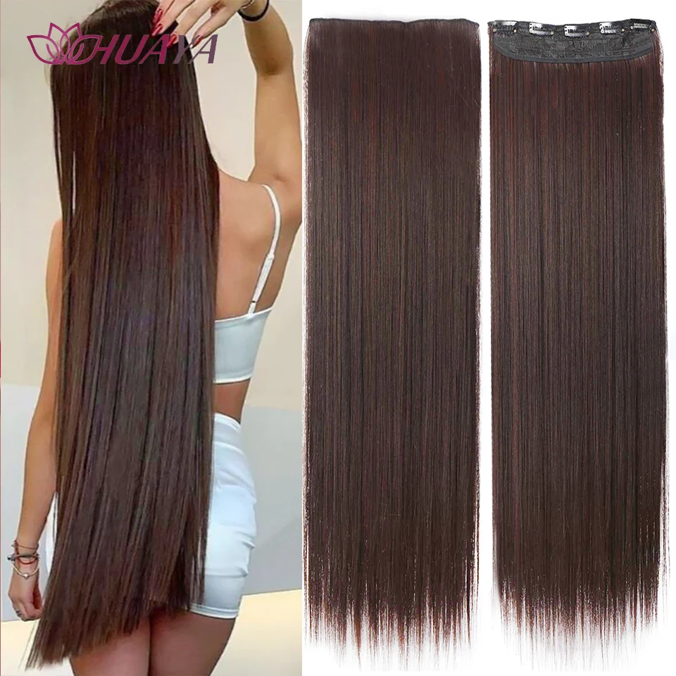 HUAYA Long Straight Hair 20-40 Inch Clip In Straight Hair Extensions 5 Clips Synthetic Hairpiece For Women Brown Mixed Light Blo