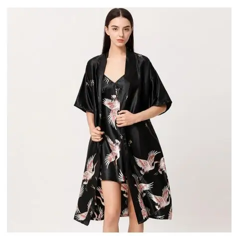 Women's Ice Silk Crane Print Kimono Robe
