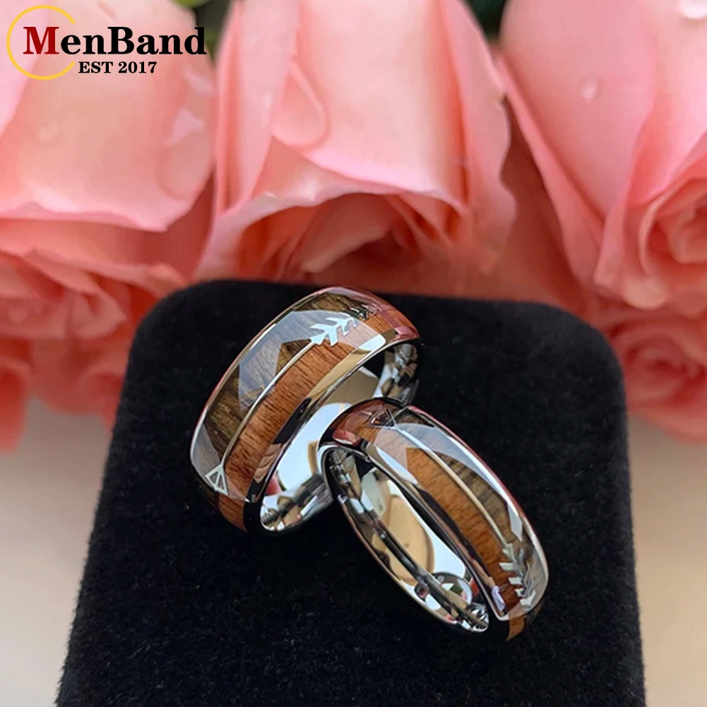 MenBand Fashion 6/8MM Black Tungsten Carbide Wedding Band Ring Two Different Koa Wood And Arrow Inlay Dome Polishing Comfort Fit
