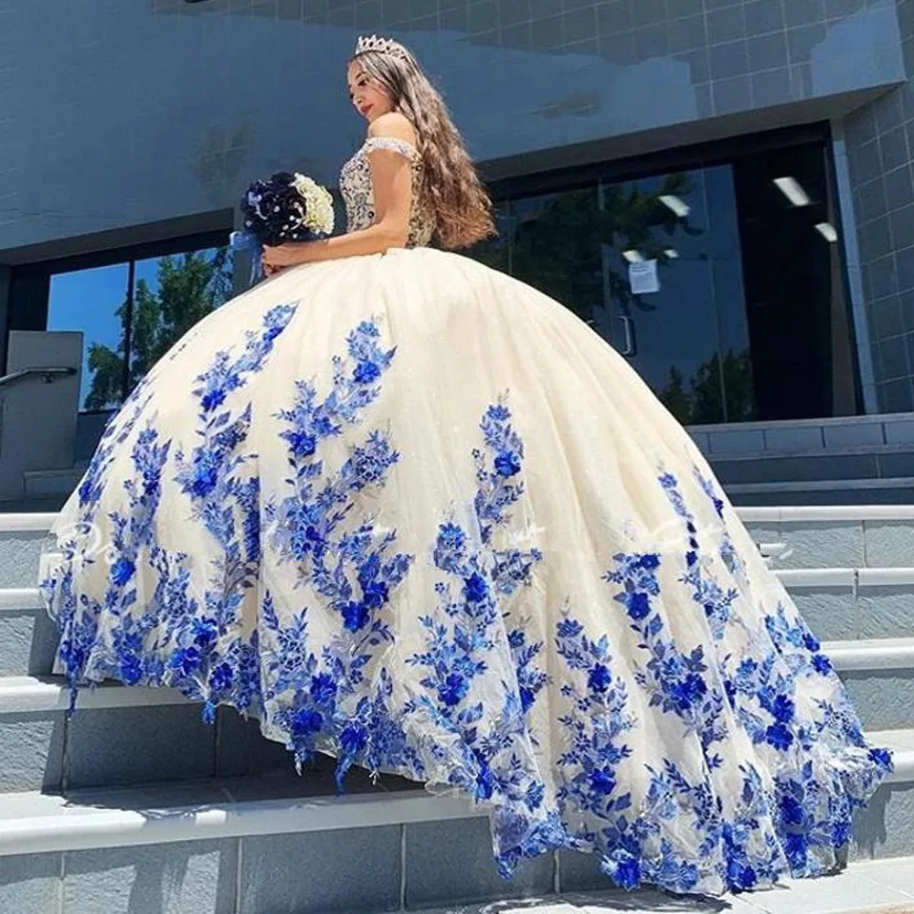blue and white quinceanera dresses Glitter Applique Sweetheart Quinceanera Dress by House of Wu 26955