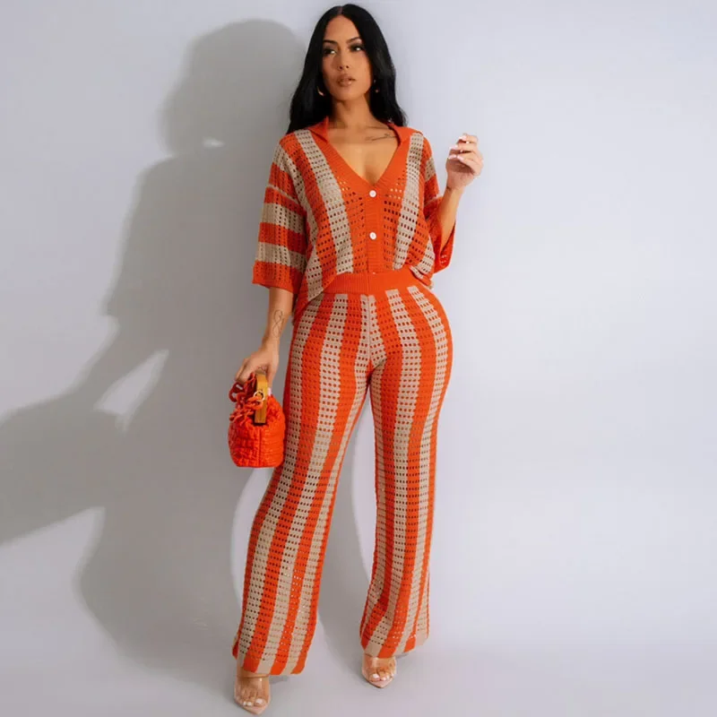 Striped Ribbed Knit Top and Pants Set