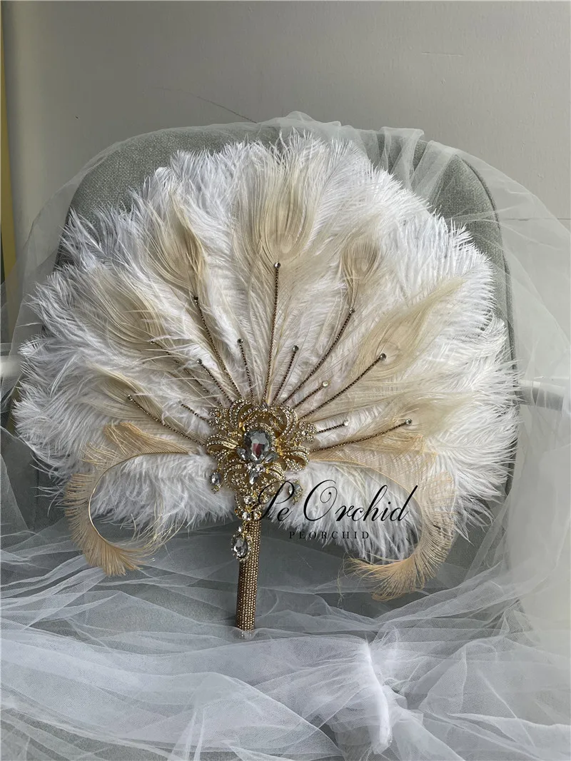 PEORCHID Peacock Gold Crystal Bridal Fan Brooch Bouquet Ivory Alternative Feather Wedding Roaring 20's Bouquet Luxury