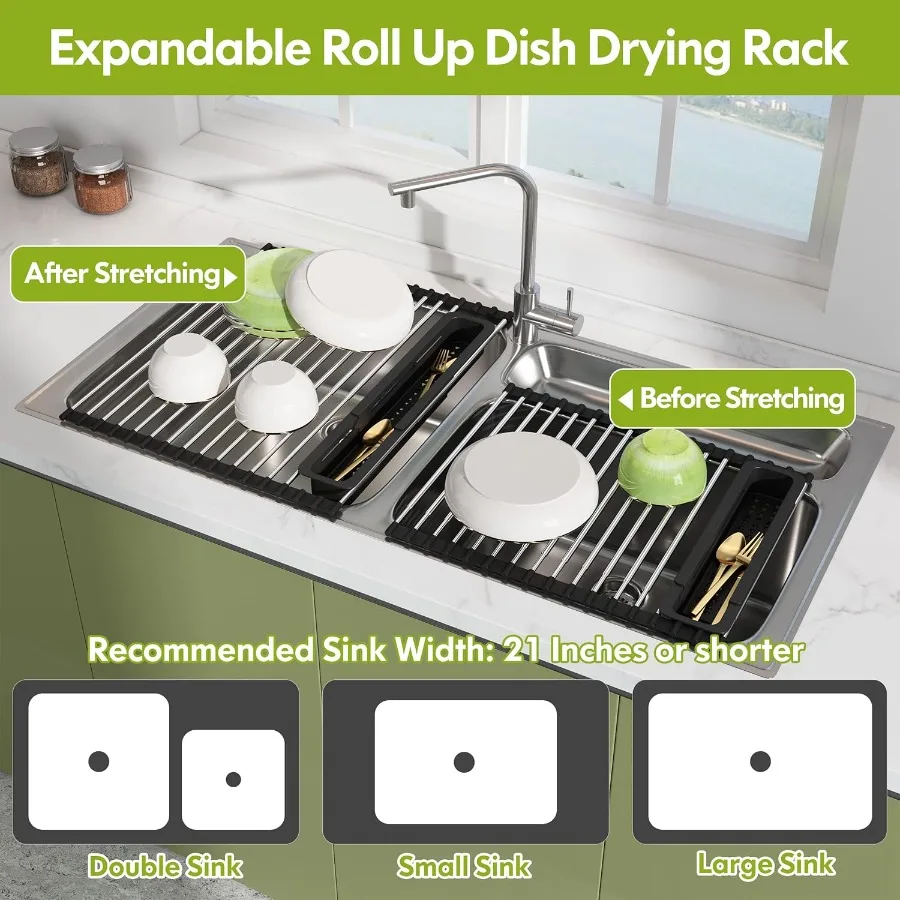 Dish Drying Rack Roll Up Dryer Rack for Inside Sink Expandable 12.823.8 D x 15.5 W 304 Stainless Steel Dish Drainers for Kitche