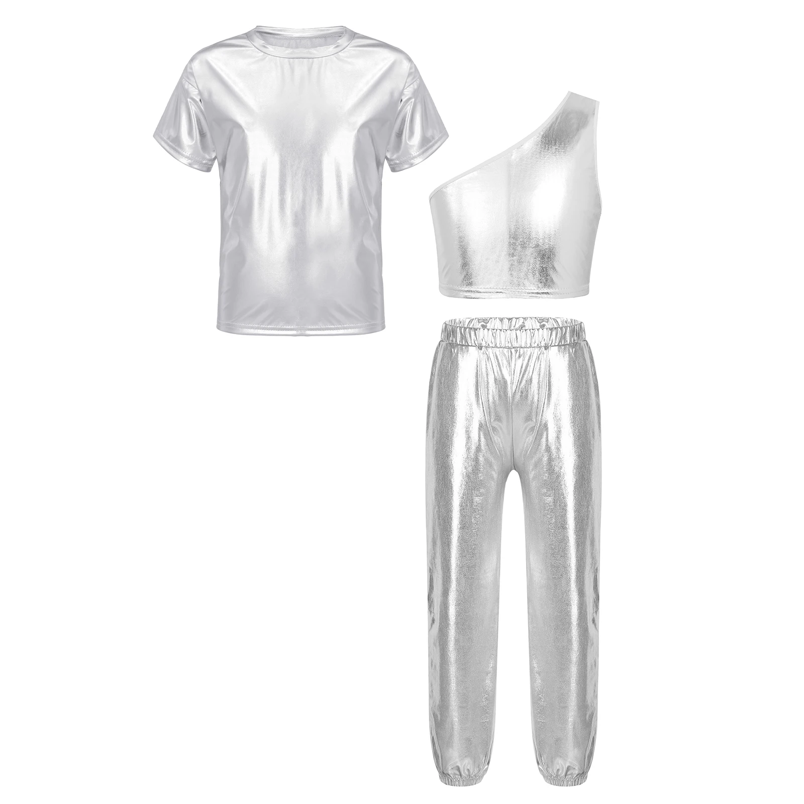 TiaoBug Kids Girls 6 to 16 Years Sequins Crop Vest with Short Sleeve T-shirt and Pants for Jazz Dance Cheerleading Performance