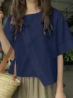 ZANZEA Women Oversize Bluse Summer Chic Irregular Short Sleeve Shirts Korean Fashion Round Neck Harajuku Tops Casual Loose Tunic - Image 2