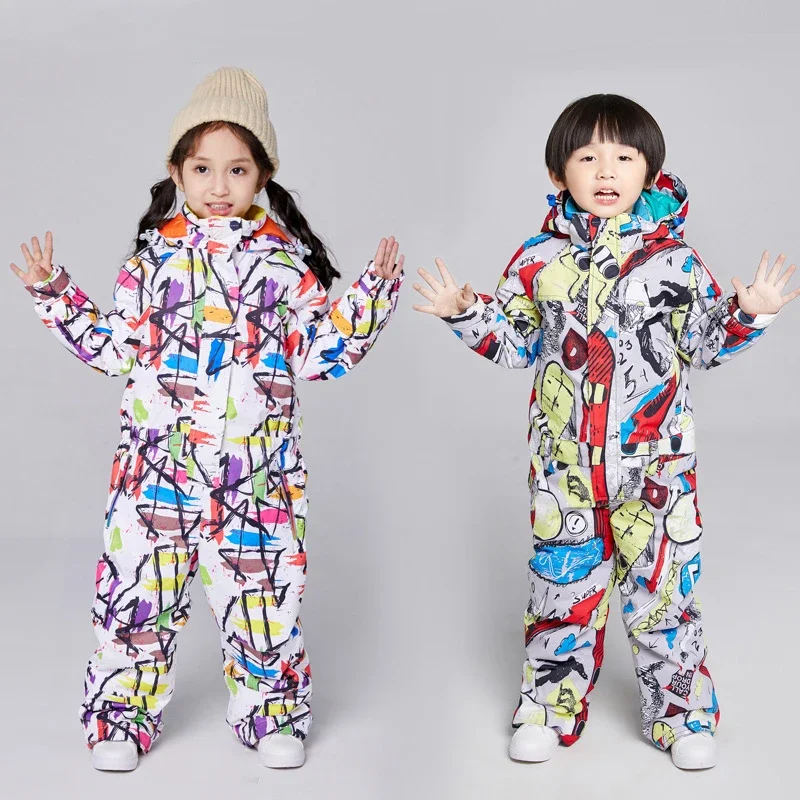 Winter Baby Children Ski Suits Boys Windproof One Piece Suit Girls Waterproof Thickened Insulation Outdoor Snowboarding Jumpsuit 2