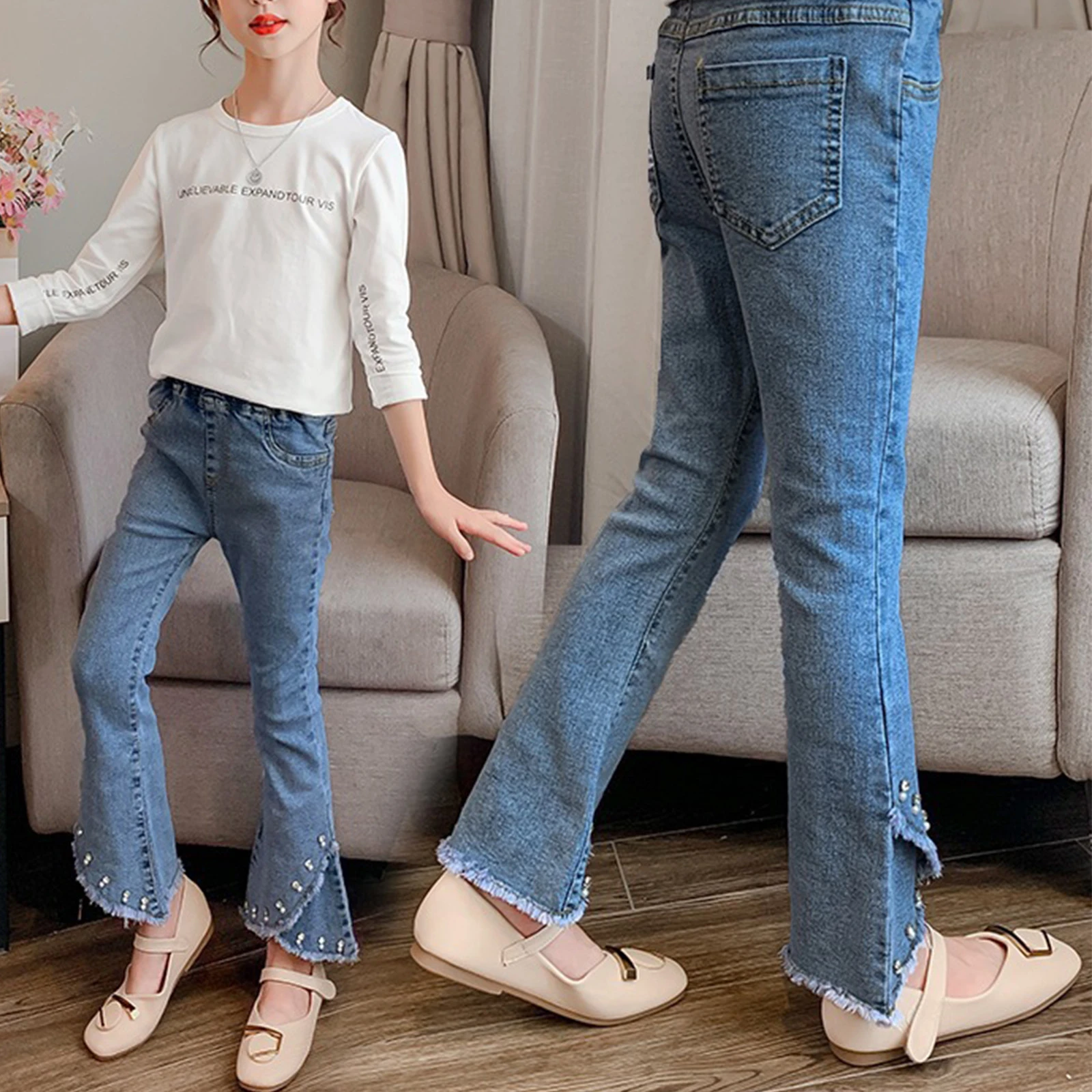 Pantalones vaqueros Acampanados para Niña y Adolescente, pantalón de mezclilla informal para niña de 6, 8, 10, 12 y 14 años, con perlas de imitación|Pantalones vaqueros| - AliExpress