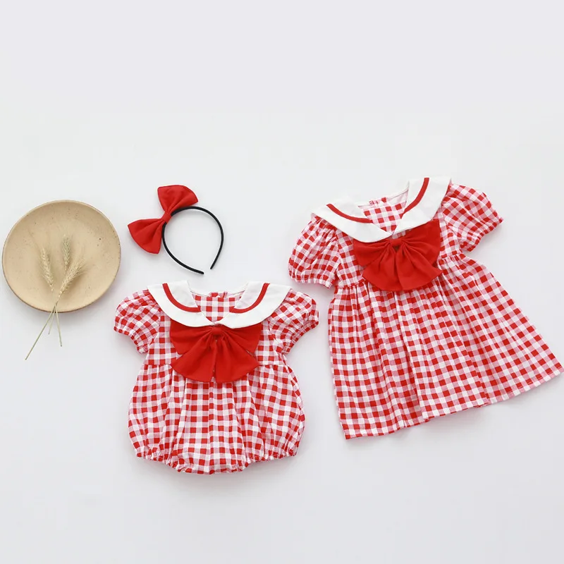 

Summer Korean Baby Girls Sister Look Cotton Plaid Short Sleeve Knotbow Infant Girl Romper Peter Pan Collar Kids Girl Dress